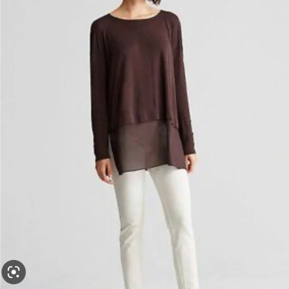 Eileen Fisher 100% Silk Sheer Hem Bateau Neck Tunic Top Brown XL - Picture 9 of 9